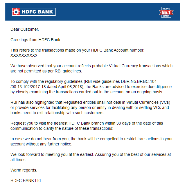 HDFC Bank notice cryptocurrency